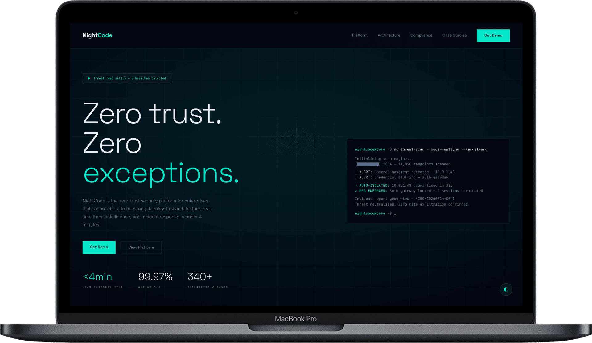 Cybersecurity Platform Website — NightCode design homepage preview